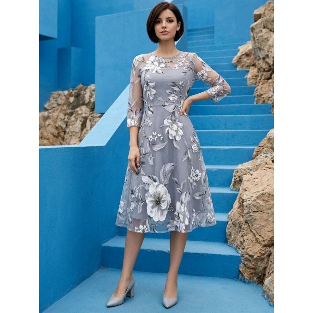 🔺️Floryday Silvery Gray Floral Print Sheer Overlay Dress XSmall